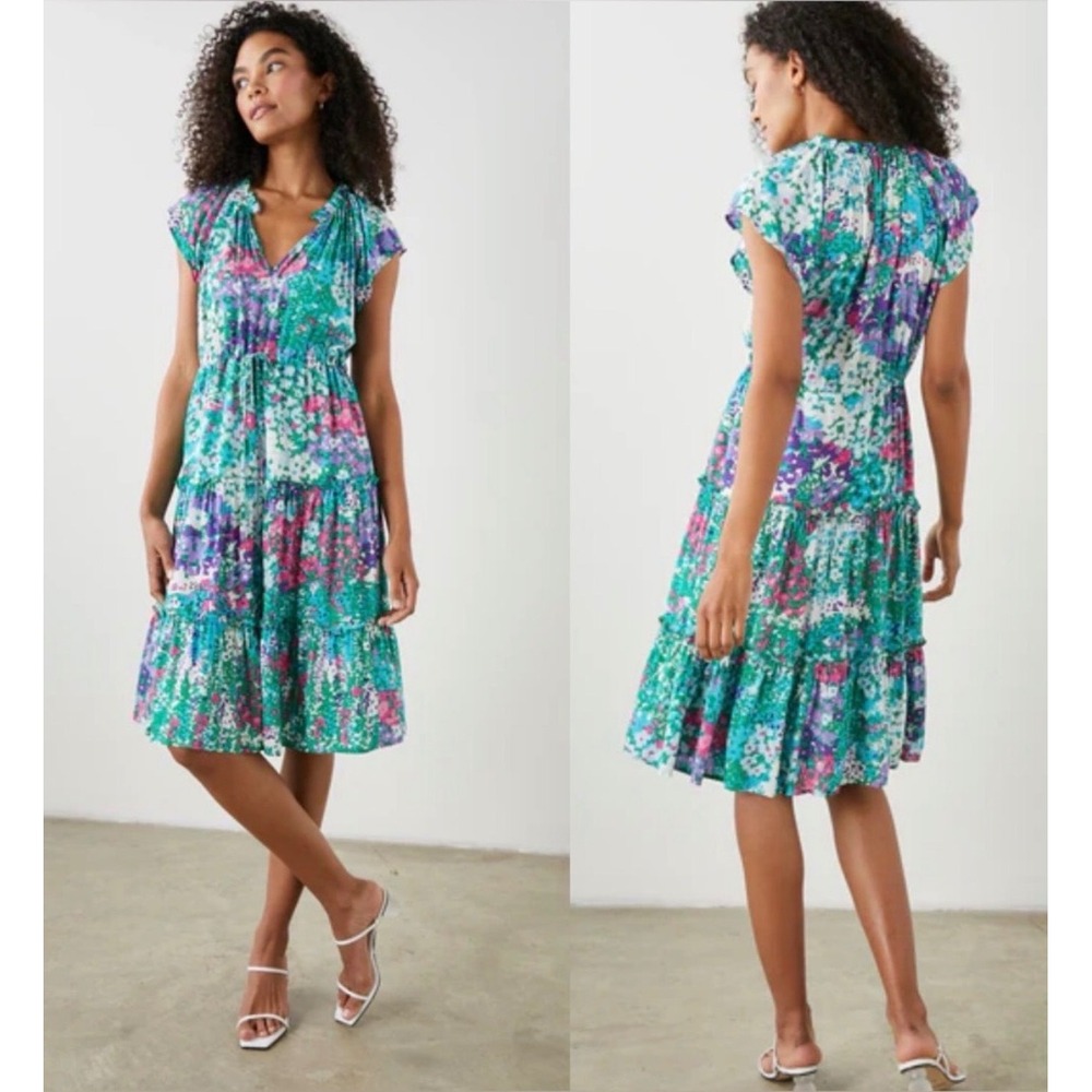 Rails Juni Gardenia Floral Tiered Midi Dress Green Pink Purple Medium
